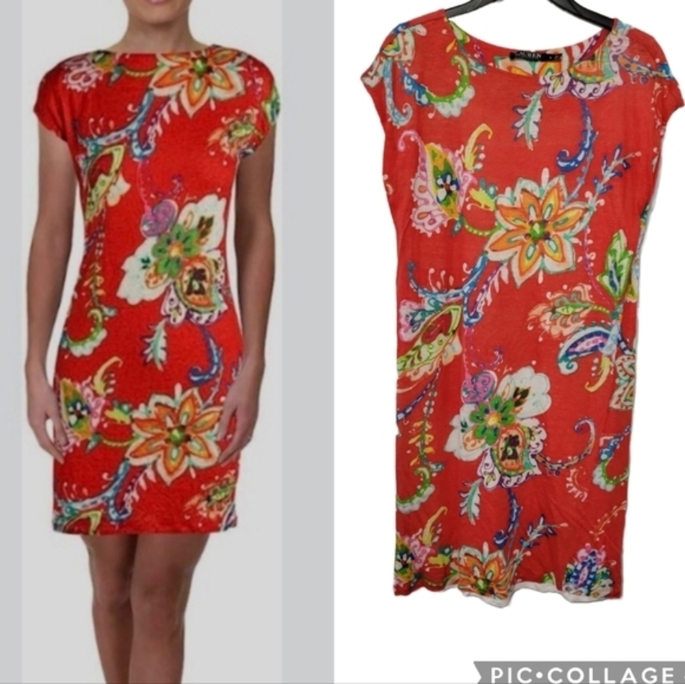 Lauren Ralph Lauren Linen Floral Paisley Dress Size S Red Orange Bright Colorful